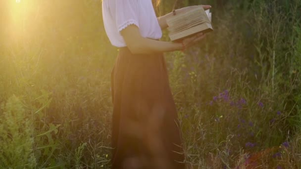 Chica en vestido libro de lectura. Mañana soleada . — Vídeo de stock