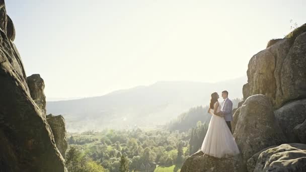 Жених и невеста в горном пейзаже — стоковое видео