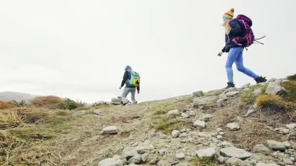 En grupp människor med ryggsäckar vandring längs vägen. — Stockvideo