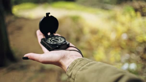 Pěší turistika žena držící kompas. Turistické dívka se snaží najít cestu z lesa pomocí kompas. — Stock video