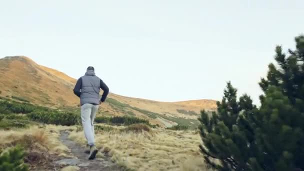 Vue arrière de l'homme courant dans les montagnes — Video