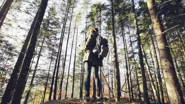 Vrouw in het bos met kaart en kompas — Stockvideo