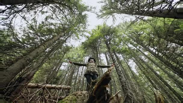 Dívka v klobouku stojí na zlomený strom v starém lese s harmonii v duši cítí charakter lesa a jeho Kouzelná moc. — Stock video