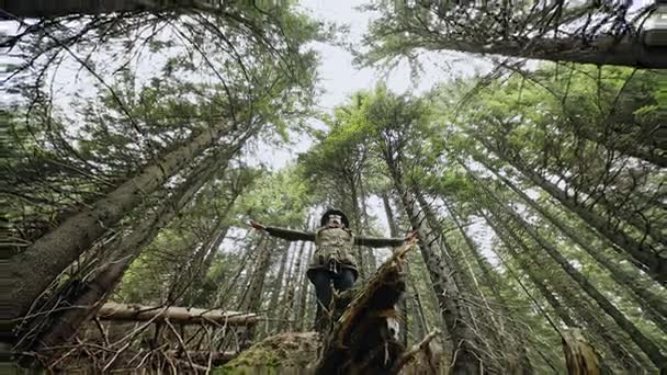 La chica en un sombrero se levanta sobre un árbol roto en un bosque viejo con armonía en el alma siente la naturaleza del bosque y su poder mágico . — Vídeo de stock