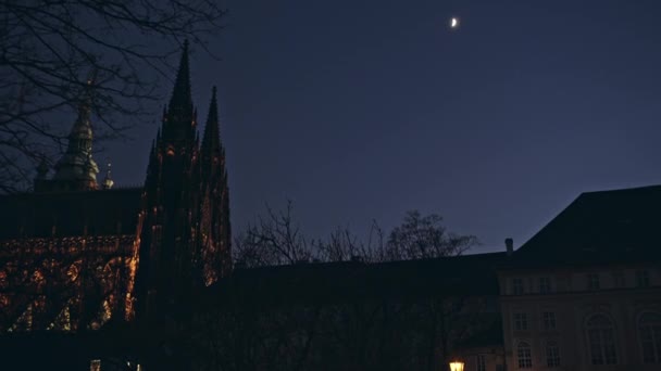 Gotik St. Vitus Katedrali üzerinde gece, Çek Cumhuriyeti Prag Kalesi — Stok video