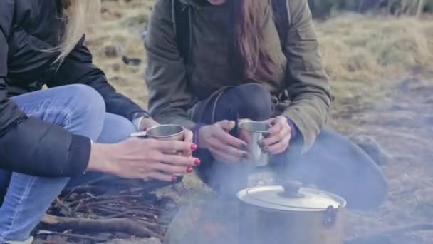 Chicas lesbianas felices pero frías están sentadas en el suelo con tazas de té y besos — Vídeo de stock