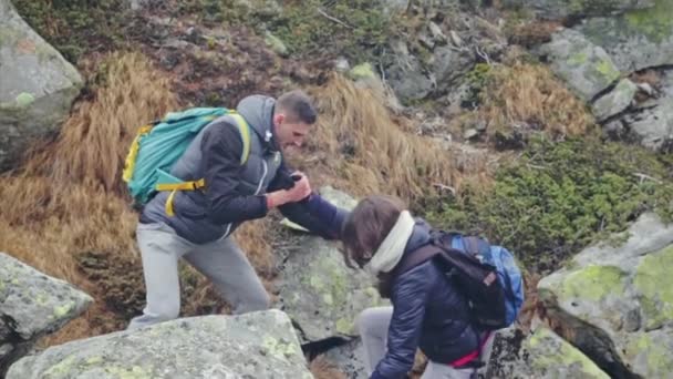 Grupo de jóvenes amigos haciendo senderismo en las montañas — Vídeo de stock