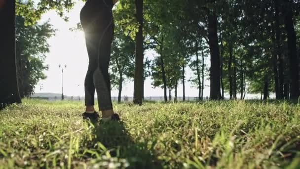 Αθλητική γυναίκα κάνει καταλήψεις κατά τη διάρκεια της κατάρτισης στο πάρκο ηλιόλουστη ημέρα — Αρχείο Βίντεο