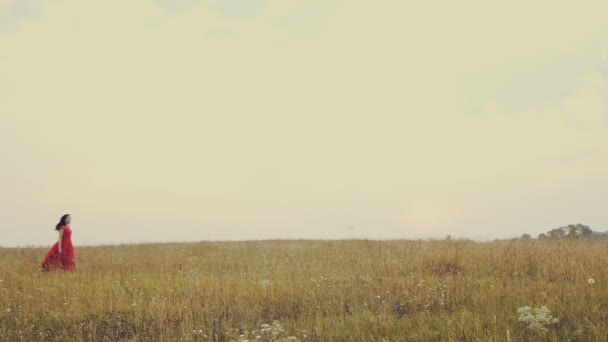 Chica joven en el campo de juego vestido rojo. Movimiento lento — Vídeo de stock