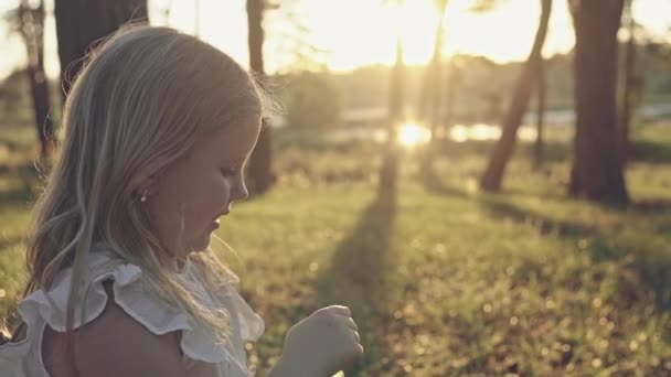 Beautiful little blonde girl, has happy fun cheerful smiling face, white dress, soap bubble blower. Portrait nature. — Stock Video