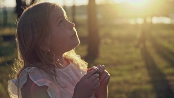 Jolie fille manger prune dans extérieur portrait — Video