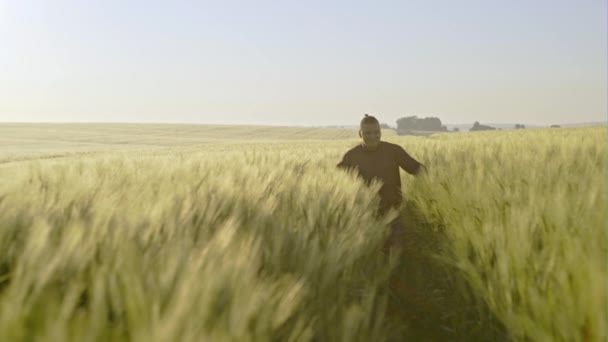 Счастливый фермер идет по ржаному полю — стоковое видео