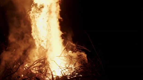 Ярко пылающее пламя огня в темноте природы с дымом, бегущим вверх . — стоковое видео