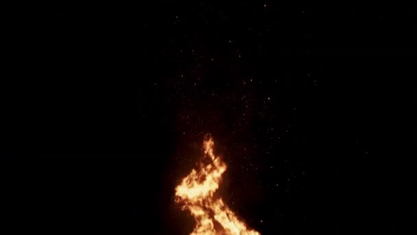 Яскраво-червоне полум'я вогню з іскрами на чорному тлі повільний рух — стокове відео