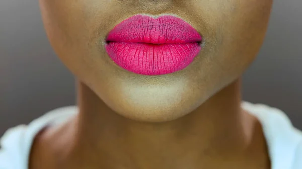 Mujer negra bonita, lápiz labial rosa mate Imagen de stock