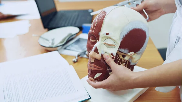 Teacher making injection on human face model — Stock Image Teacher making injection on human face model Stock Photo
