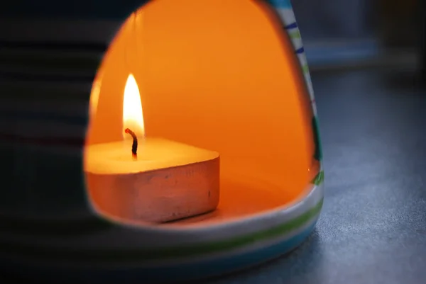 Close Flame Candle Beautiful Orange Lightening Cocooning Ambiance — Stock Photo, Image