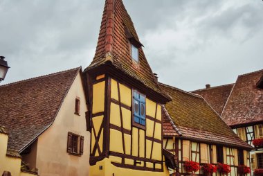 Alsace 'de geleneksel evleri olan küçük, çiçekli bir sokak.