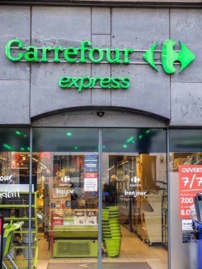 Charleroi, Belgium - December 28 29 2019 : Carrefour express entrance shop, a French grocery store
