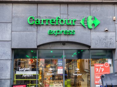 Charleroi, Belgium - December 28 29 2019 : Carrefour express entrance shop, a French grocery store