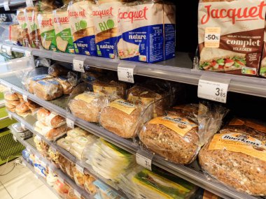 Charleroi, Belgium - December 28 29 2019 : Bread shelves in a grocery store