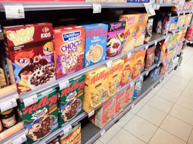 Charleroi, Belgium - December 28 2019 : Breakfast cereals in a grocery store