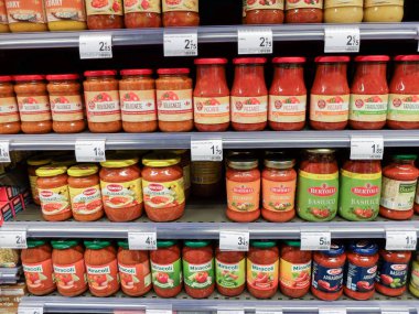Charleroi, Belgium - December 28 29 2019 : Pasta sauces in a grocery store
