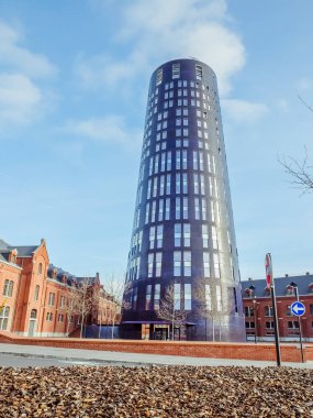 Charleroi, Belgium - December 28 2019 : Tour bleue, hotel de police de la zone de police, prs du rond-point Spirou et des anciennes caserne Defeld