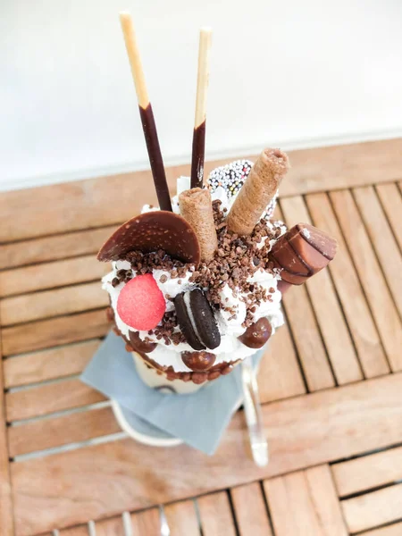 Freakshake Kind Gourmet Milkshake Topping Donut Whipped Cream Chocolate Ball — Stock Photo, Image