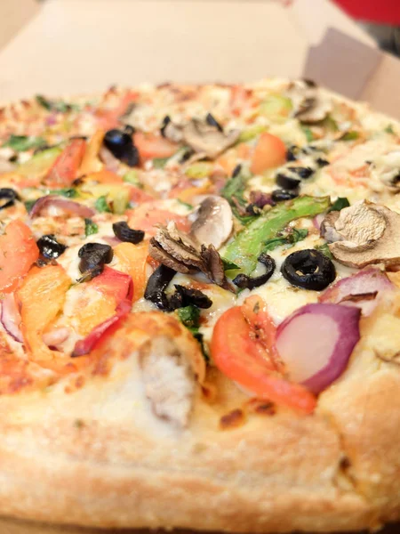 Close Big Beautiful Veggie Pizza Thick Crust Stock Image