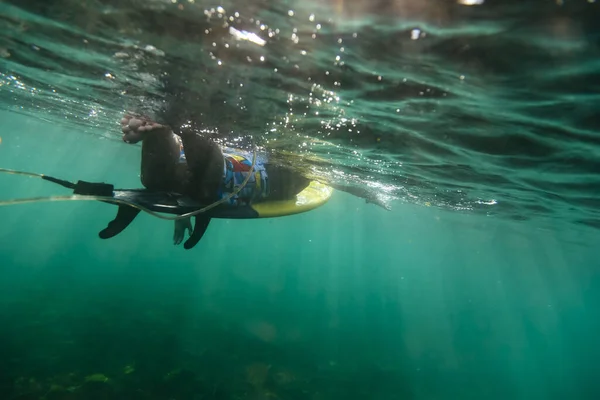 Surfer Een Plank Onderwater Uitzicht — Stockfoto