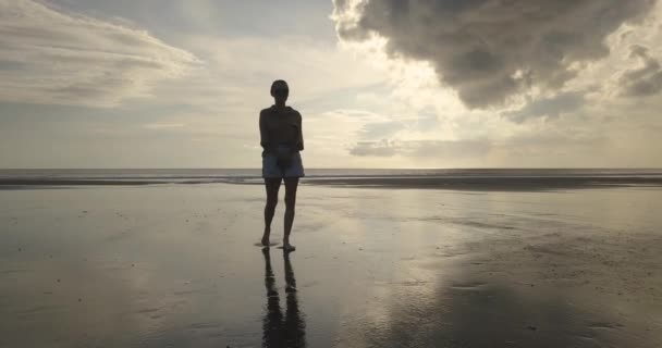Вид з повітря на жінку, що йде на пляжі — стокове відео