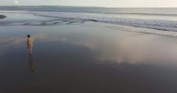 Aerial view of woman walking at the beach — Stock Video