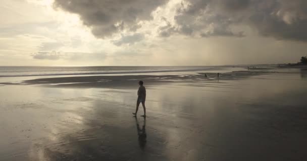 Vista aérea de la mujer caminando en la playa — Vídeos de Stock