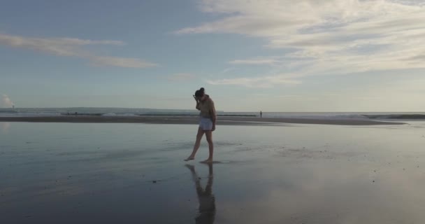Luftaufnahme einer Frau, die am Strand spaziert — Stockvideo