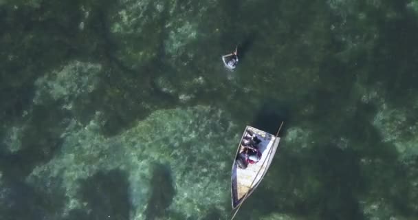 Flygfoto om fiskebåt i havet på solig dag — Stockvideo