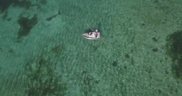 Flygfoto om fiskebåt i havet på solig dag — Stockvideo