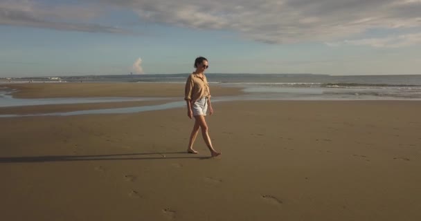 Vista aérea de la mujer caminando en la playa — Vídeos de Stock