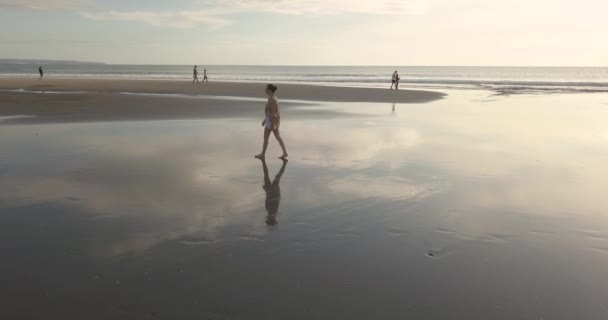 海岸を歩く女性の空中風景 — ストック動画