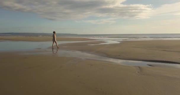 Flygfoto av kvinna promenader på stranden — Stockvideo
