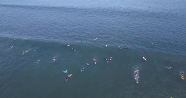 Luchtfoto van surfers op Balangan strand — Stockvideo