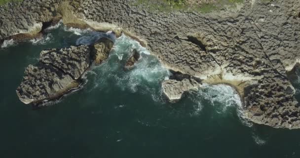 Luchtfoto van rotsachtige kustlijn — Stockvideo