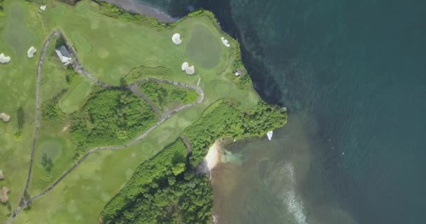 Вид с воздуха на поле для гольфа с бункером и зеленью на побережье — стоковое видео