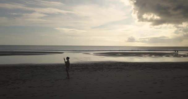 해변을 걷고 있는 젊은 여자를 공중에서 본 모습 — 비디오