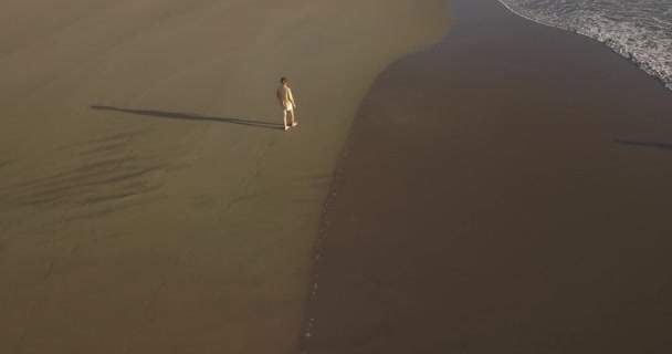 Vista aérea da jovem caminhando na praia — Vídeo de Stock