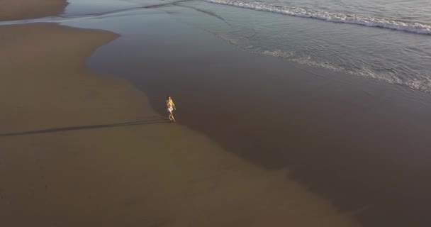 Vue aérienne de la jeune femme marchant sur la plage — Video