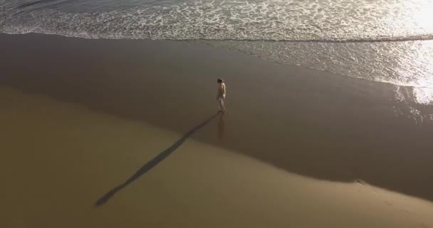 Vue aérienne de la jeune femme marchant sur la plage — Video