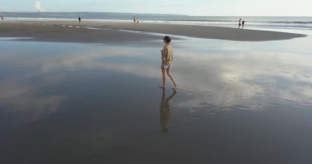 Luftaufnahme einer jungen Frau, die bei Sonnenuntergang am Strand spaziert — Stockvideo