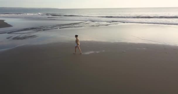 夕日のビーチを歩く若い女性の空中ビュー — ストック動画