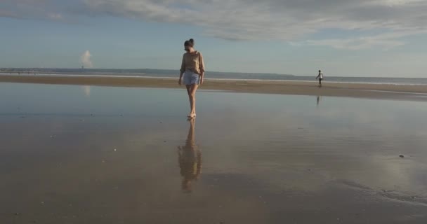 Luftaufnahme einer jungen Frau, die bei Sonnenuntergang am Strand spaziert — Stockvideo